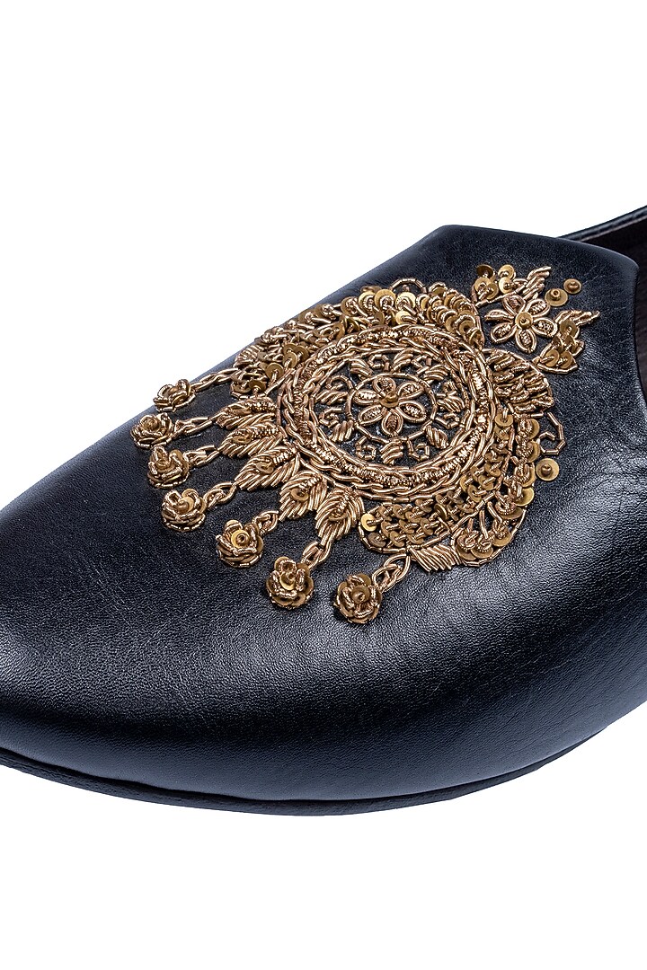 Black Leather Embellished Mojris by ROHAN ARORA at Pernia's Pop Up Shop