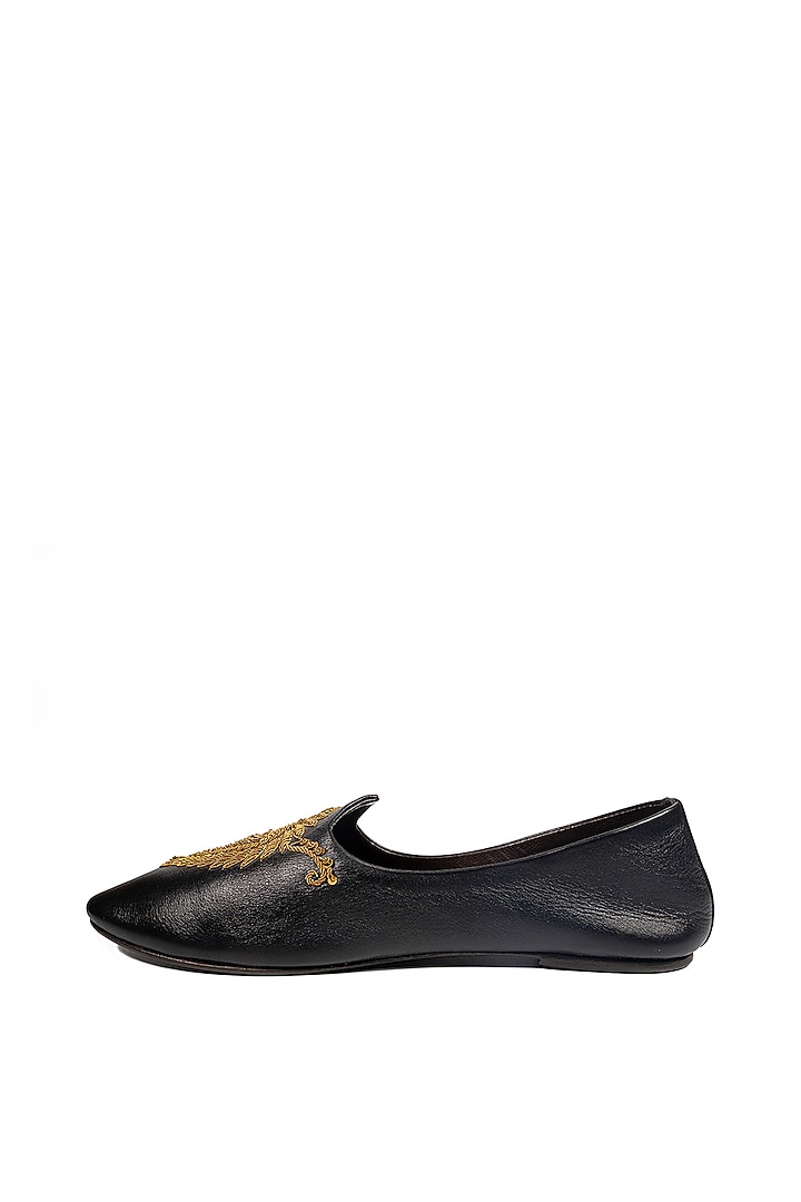 Black Leather Embellished Mojris by ROHAN ARORA at Pernia's Pop Up Shop
