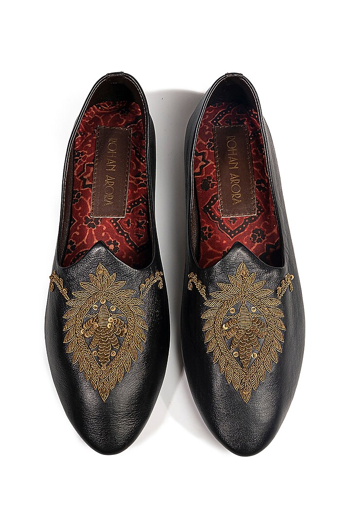 Black Leather Embellished Mojris by ROHAN ARORA at Pernia's Pop Up Shop