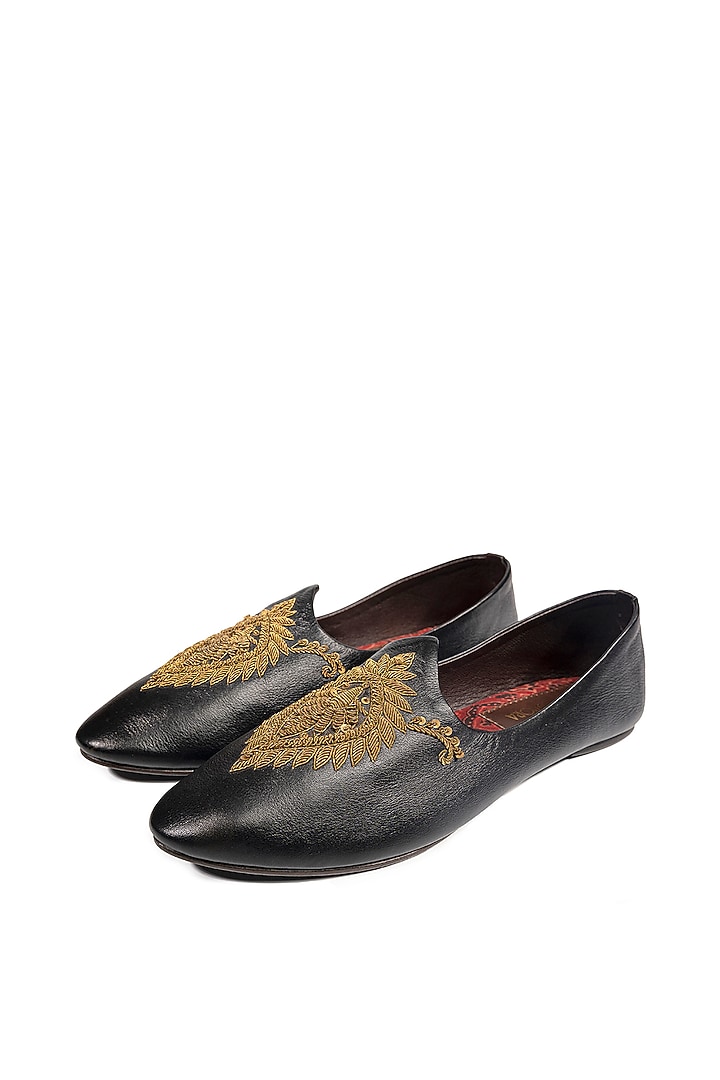 Black Leather Embellished Mojris by ROHAN ARORA at Pernia's Pop Up Shop