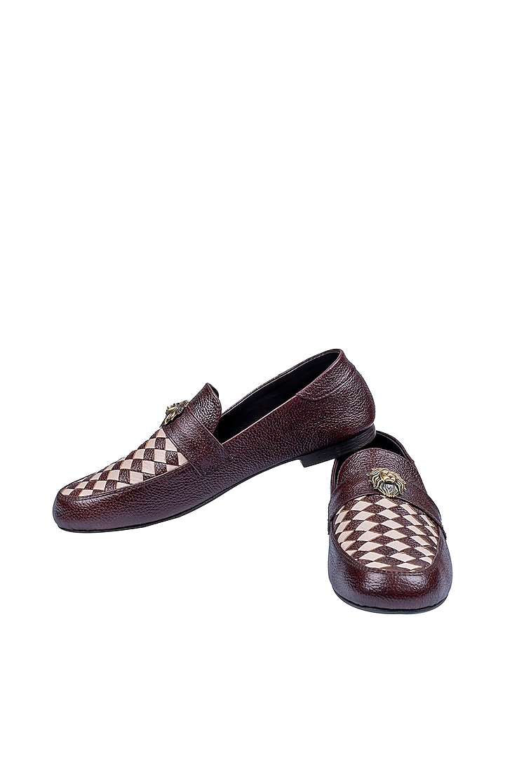 Bombay Brown & Ivory Leather Embellished Loafers by ROHAN ARORA