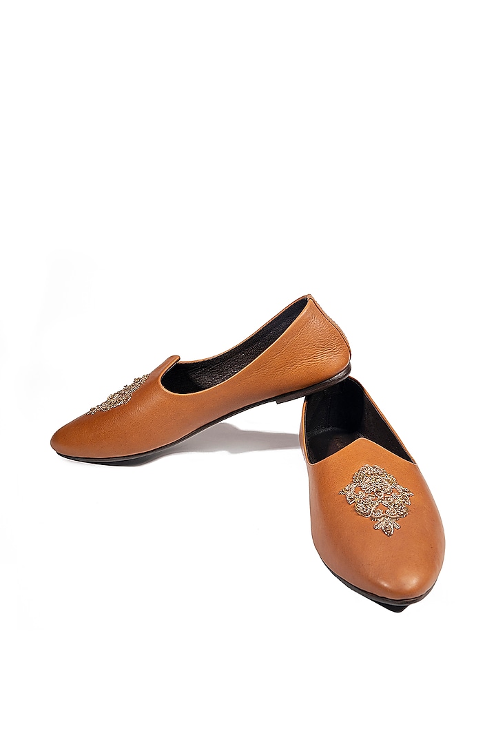 Tan Leather Embellished Mojris by ROHAN ARORA