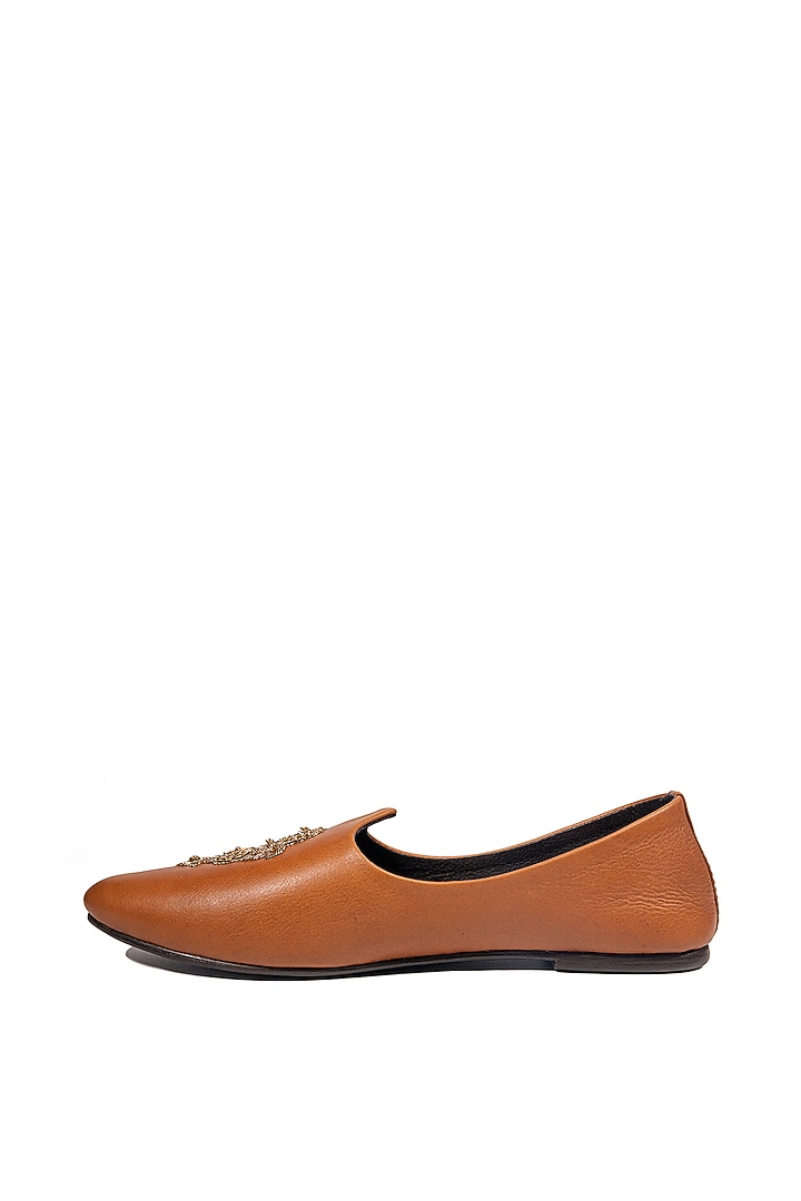 Tan Leather Embellished Mojris by ROHAN ARORA at Pernia's Pop Up Shop