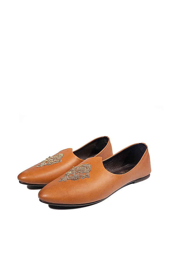 Tan Leather Embellished Mojris by ROHAN ARORA at Pernia's Pop Up Shop