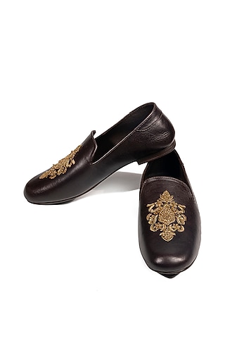 Deep Chocolate Leather Embellished Loafers by ROHAN ARORA