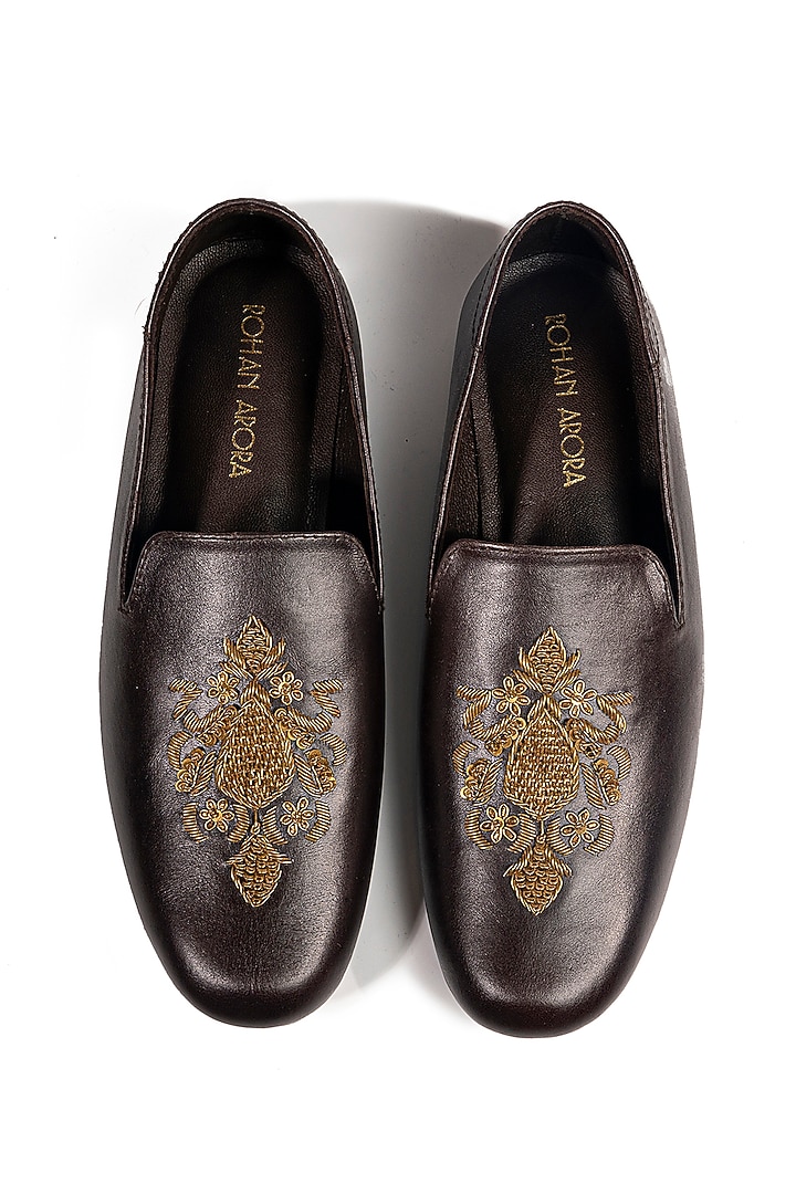 Deep Chocolate Leather Embellished Loafers by ROHAN ARORA at Pernia's Pop Up Shop