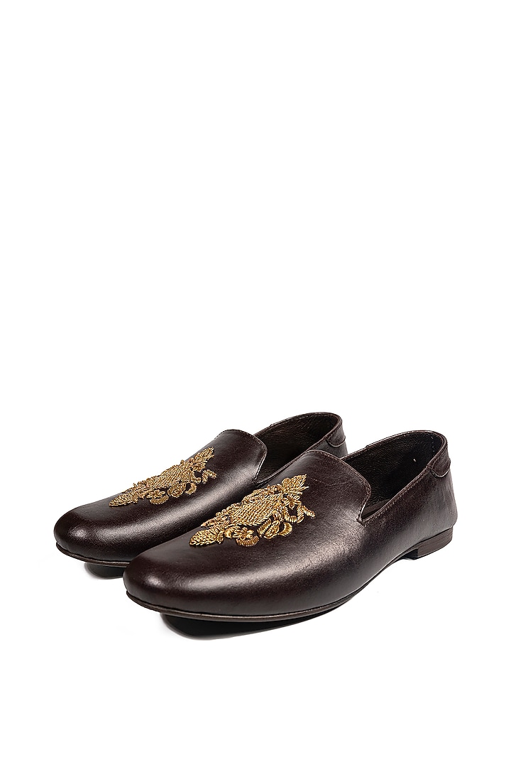 Deep Chocolate Leather Embellished Loafers by ROHAN ARORA at Pernia's Pop Up Shop