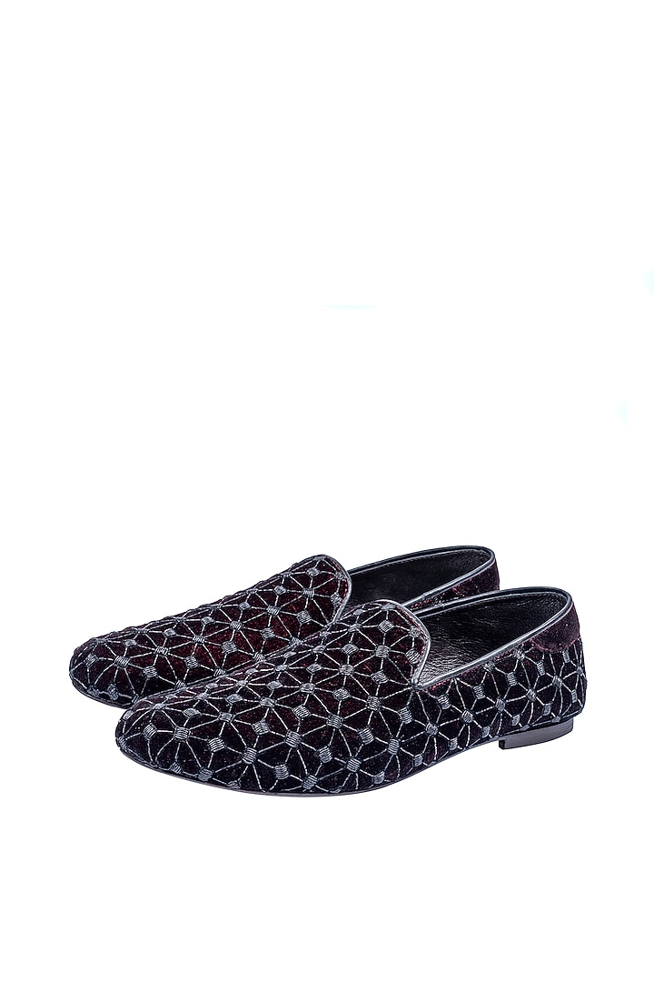 Wine & Black Velvet Embellished Loafers by ROHAN ARORA at Pernia's Pop Up Shop