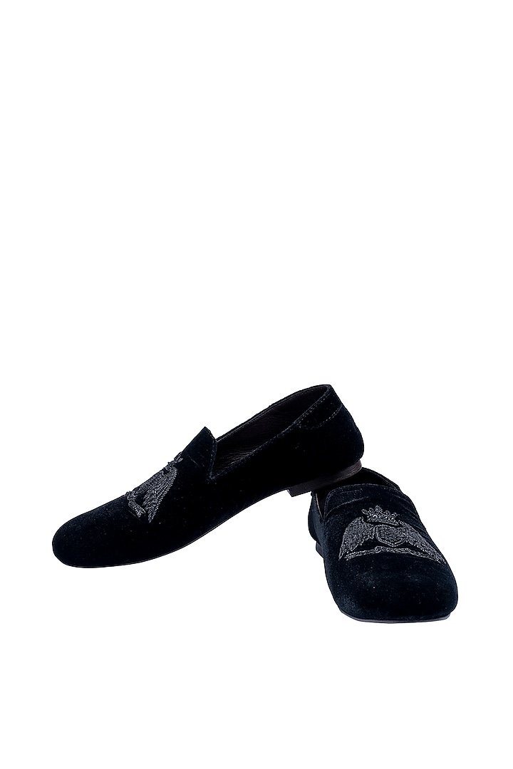 Black Velvet Embellished Loafers by ROHAN ARORA