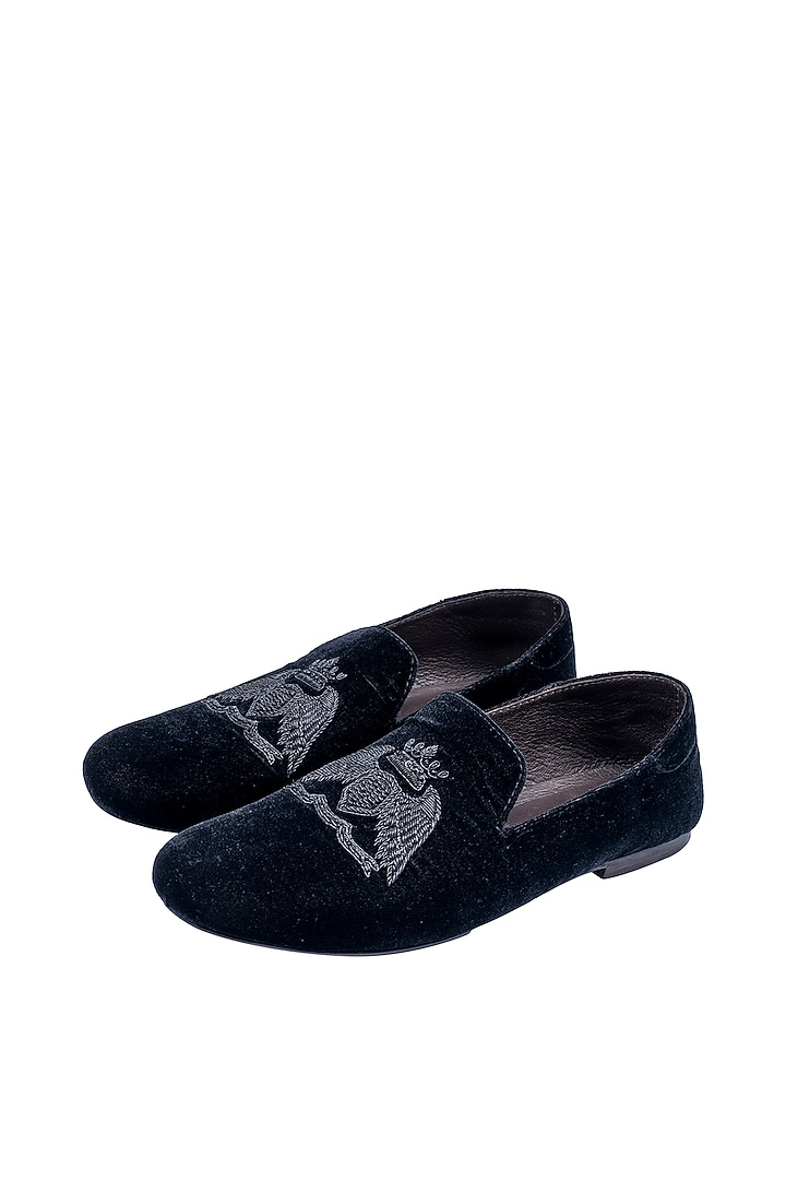 Black Velvet Embellished Loafers by ROHAN ARORA at Pernia's Pop Up Shop