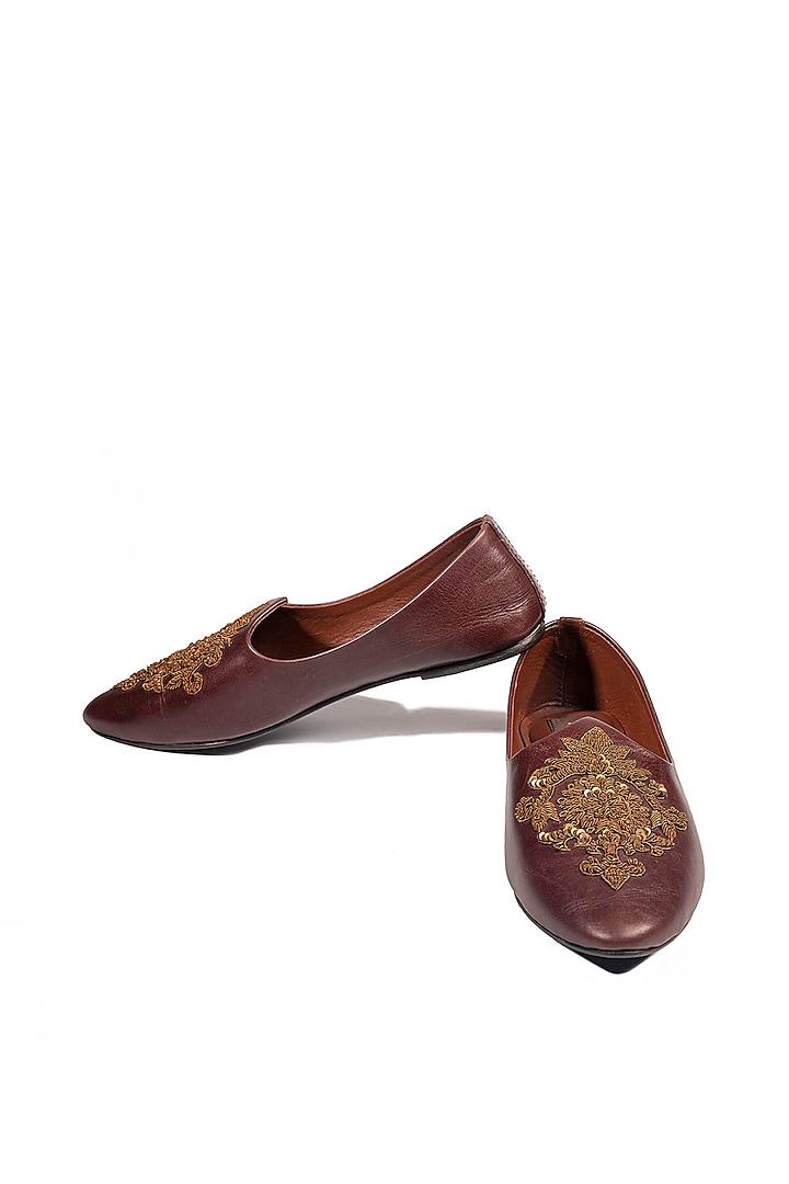 Rosewood Brown Leather Embellished Mojris by ROHAN ARORA