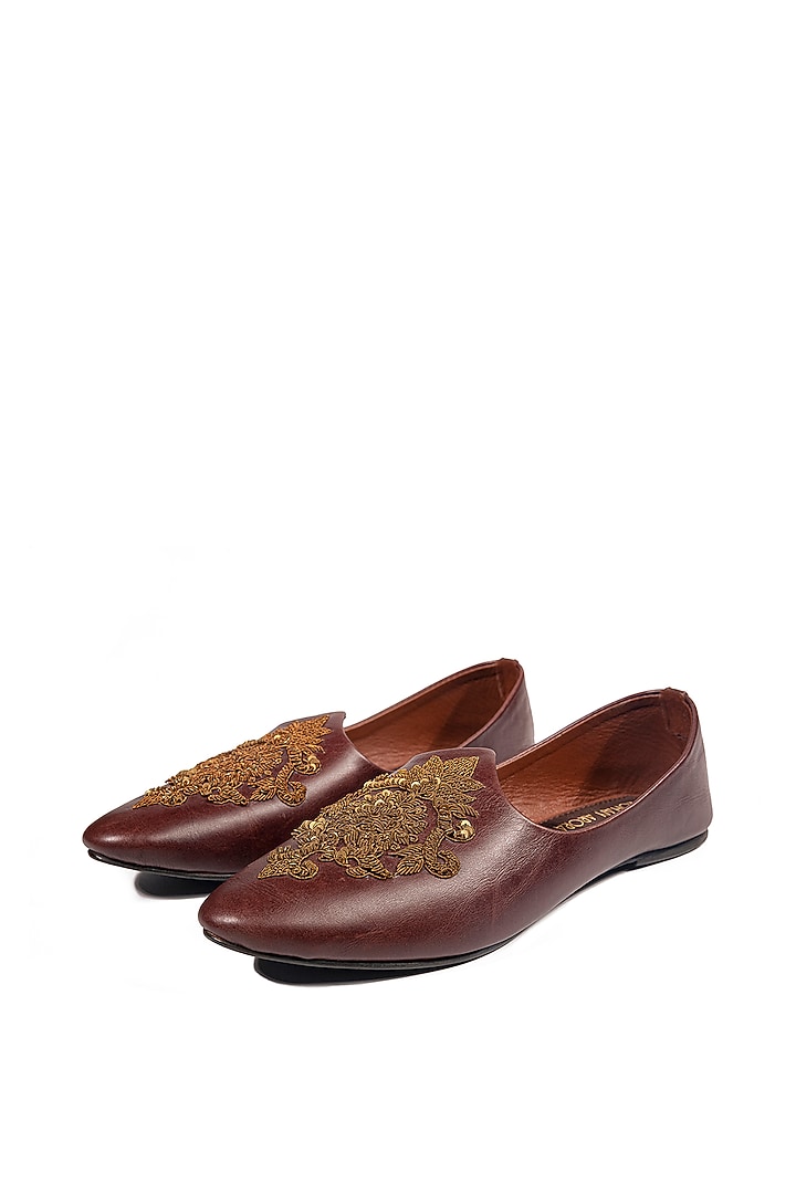 Rosewood Brown Leather Embellished Mojris by ROHAN ARORA at Pernia's Pop Up Shop