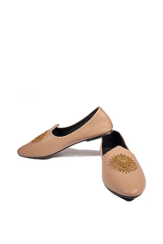 Beige Leather Embellished Mojris by ROHAN ARORA