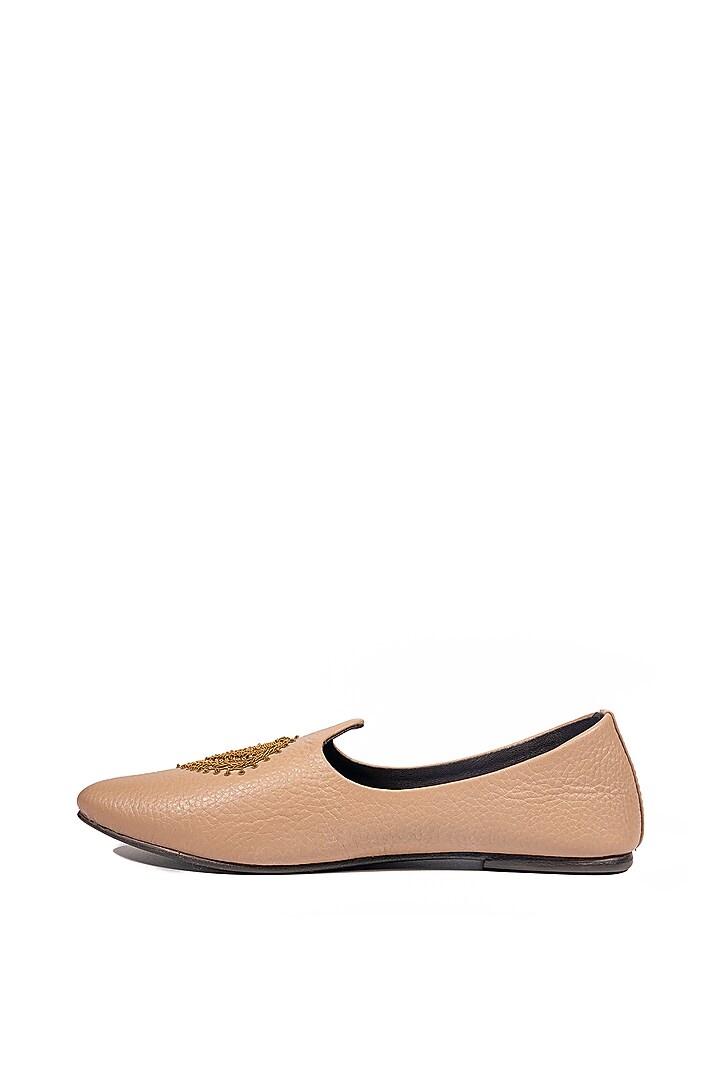 Beige Leather Embellished Mojris by ROHAN ARORA at Pernia's Pop Up Shop