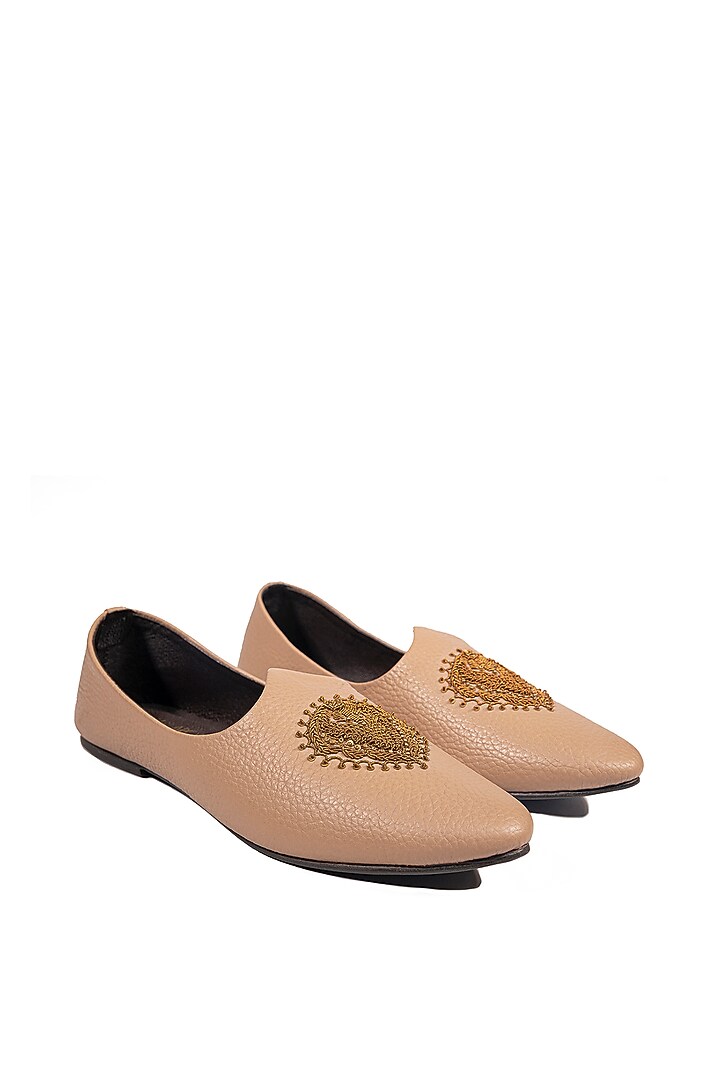 Beige Leather Embellished Mojris by ROHAN ARORA at Pernia's Pop Up Shop