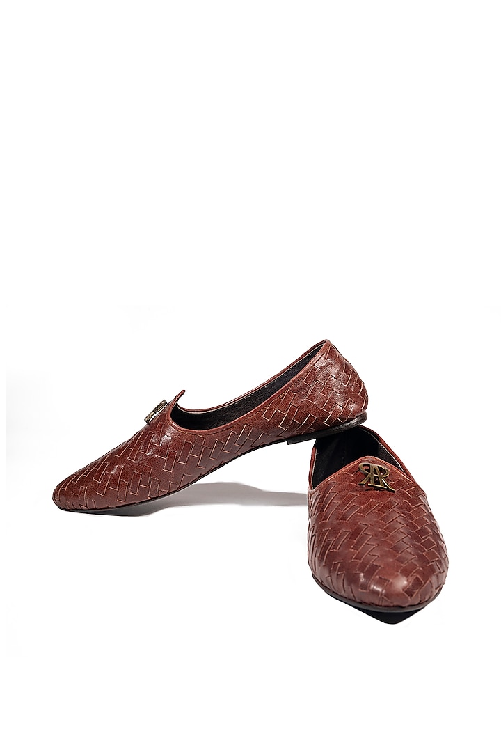 Rosewood Brown Leather Embellished Mojris by ROHAN ARORA