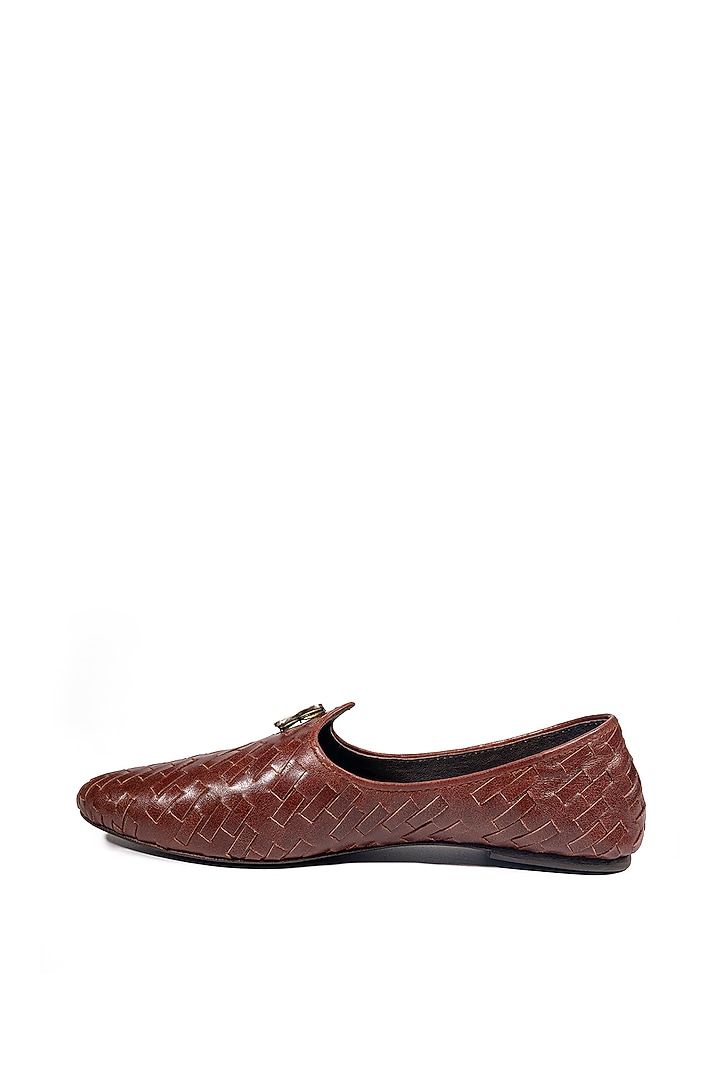 Rosewood Brown Leather Embellished Mojris by ROHAN ARORA at Pernia's Pop Up Shop
