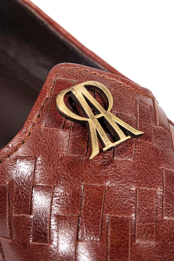 Rosewood Brown Leather Embellished Mojris by ROHAN ARORA at Pernia's Pop Up Shop