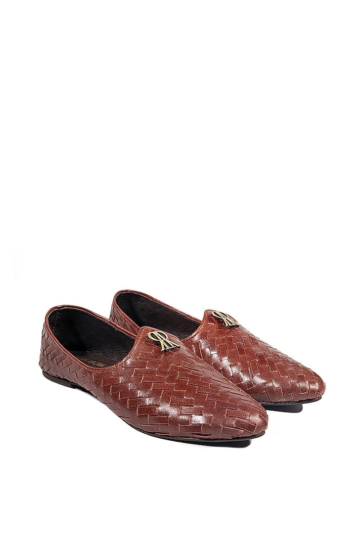 Rosewood Brown Leather Embellished Mojris by ROHAN ARORA at Pernia's Pop Up Shop