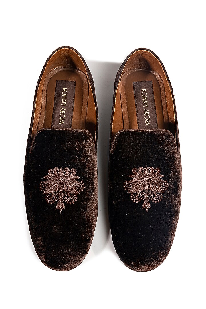 Brown Velvet Embellished Loafers by ROHAN ARORA at Pernia's Pop Up Shop