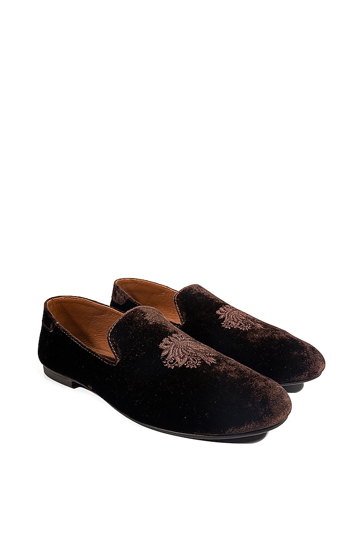 Brown Velvet Embellished Loafers by ROHAN ARORA at Pernia's Pop Up Shop