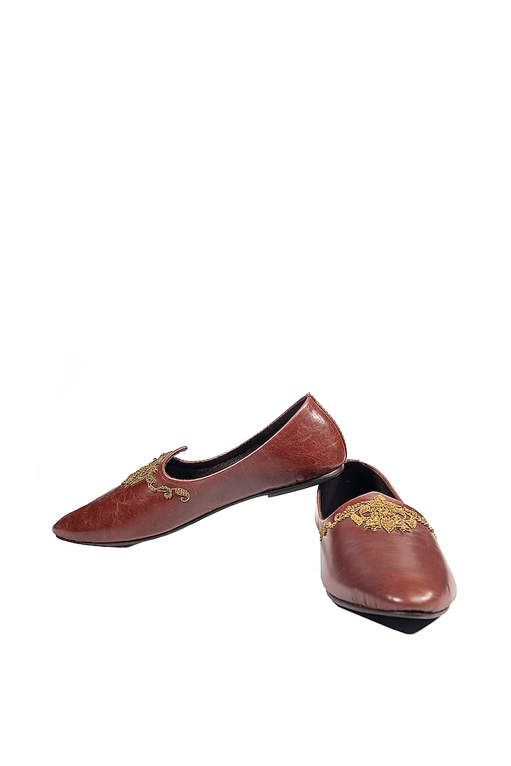 Rosewood Brown Leather Embellished Mojris by ROHAN ARORA