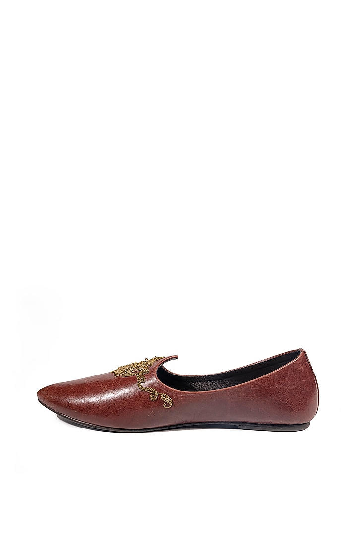 Rosewood Brown Leather Embellished Mojris by ROHAN ARORA at Pernia's Pop Up Shop
