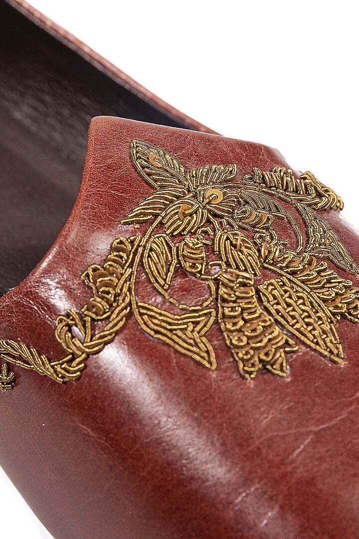 Rosewood Brown Leather Embellished Mojris by ROHAN ARORA at Pernia's Pop Up Shop