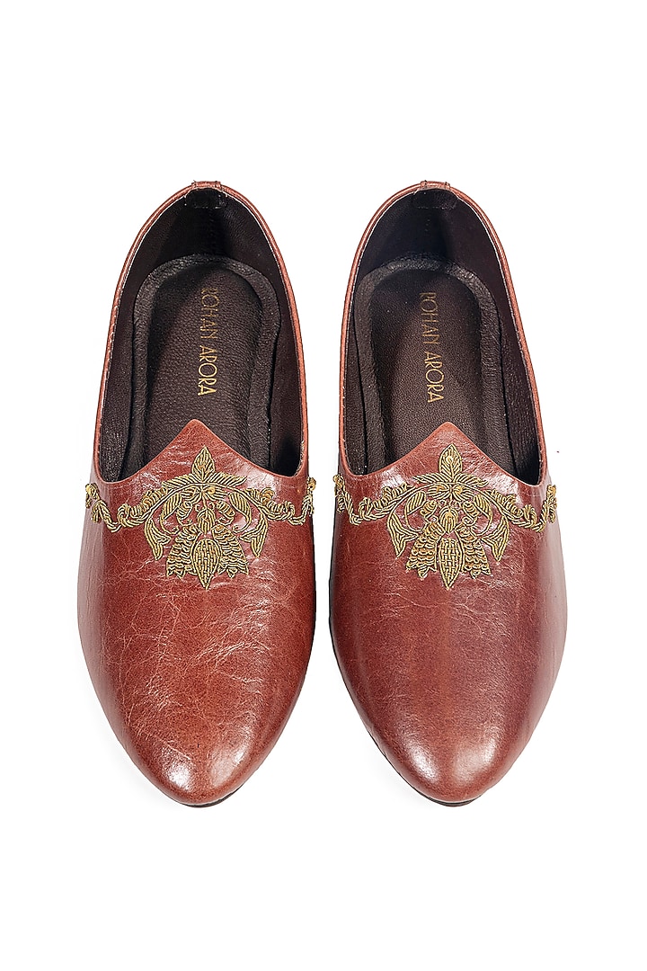 Rosewood Brown Leather Embellished Mojris by ROHAN ARORA at Pernia's Pop Up Shop