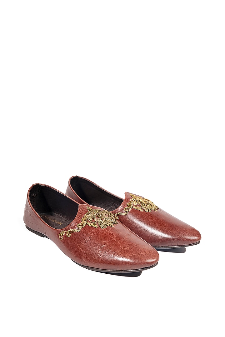 Rosewood Brown Leather Embellished Mojris by ROHAN ARORA at Pernia's Pop Up Shop