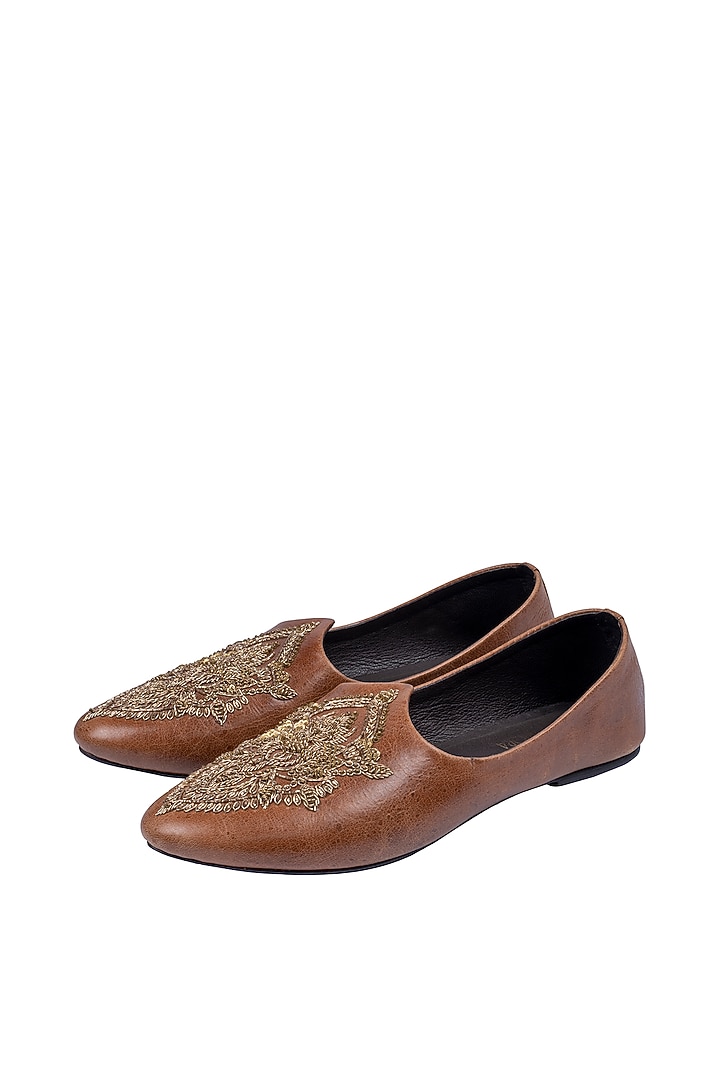 Tan Leather Embellished Mojris by ROHAN ARORA at Pernia's Pop Up Shop