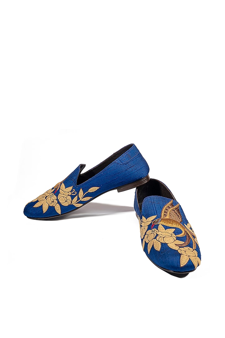 Blue Silk Embellished Loafers by ROHAN ARORA