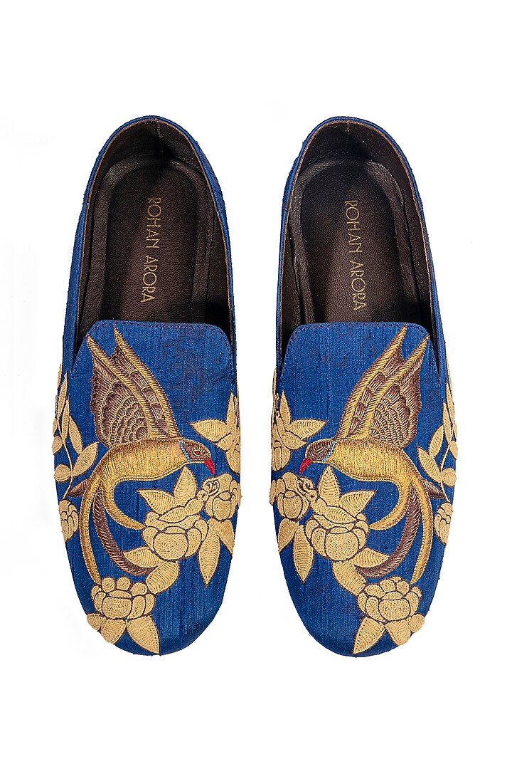 Blue Silk Embellished Loafers by ROHAN ARORA at Pernia's Pop Up Shop