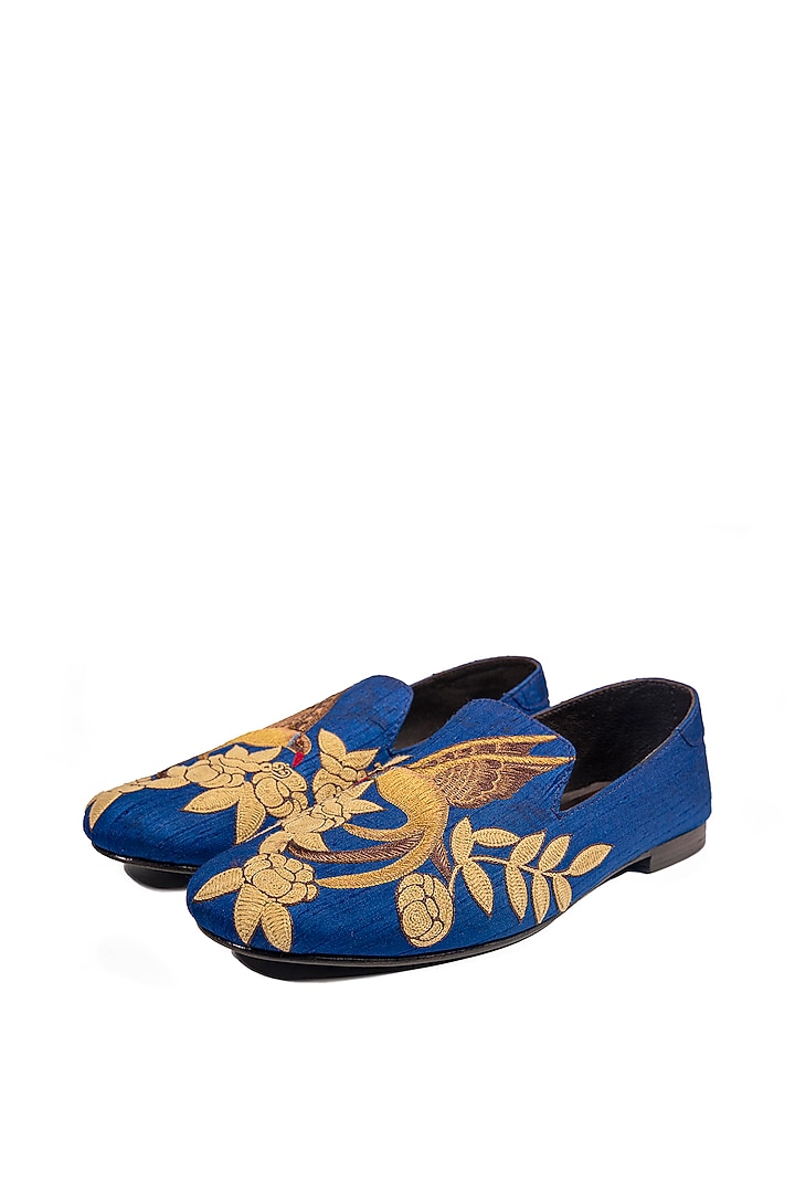 Blue Silk Embellished Loafers by ROHAN ARORA at Pernia's Pop Up Shop