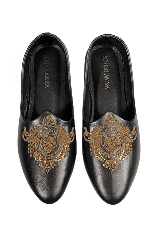 Black Leather Embellished Mojris by ROHAN ARORA