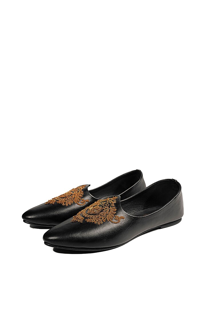 Black Leather Embellished Mojris by ROHAN ARORA at Pernia's Pop Up Shop