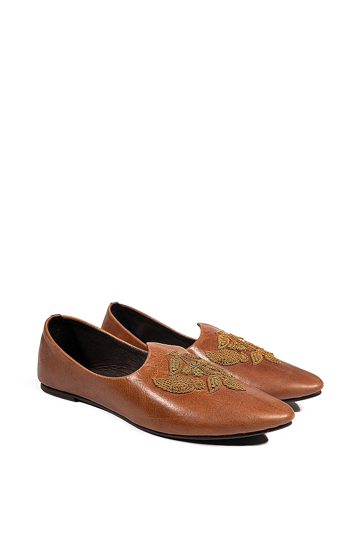 Tan Leather Embellished Mojris by ROHAN ARORA at Pernia's Pop Up Shop