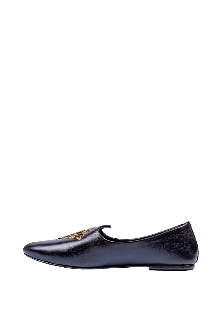 Deep Chocolate Leather Embellished Mojris by ROHAN ARORA at Pernia's Pop Up Shop