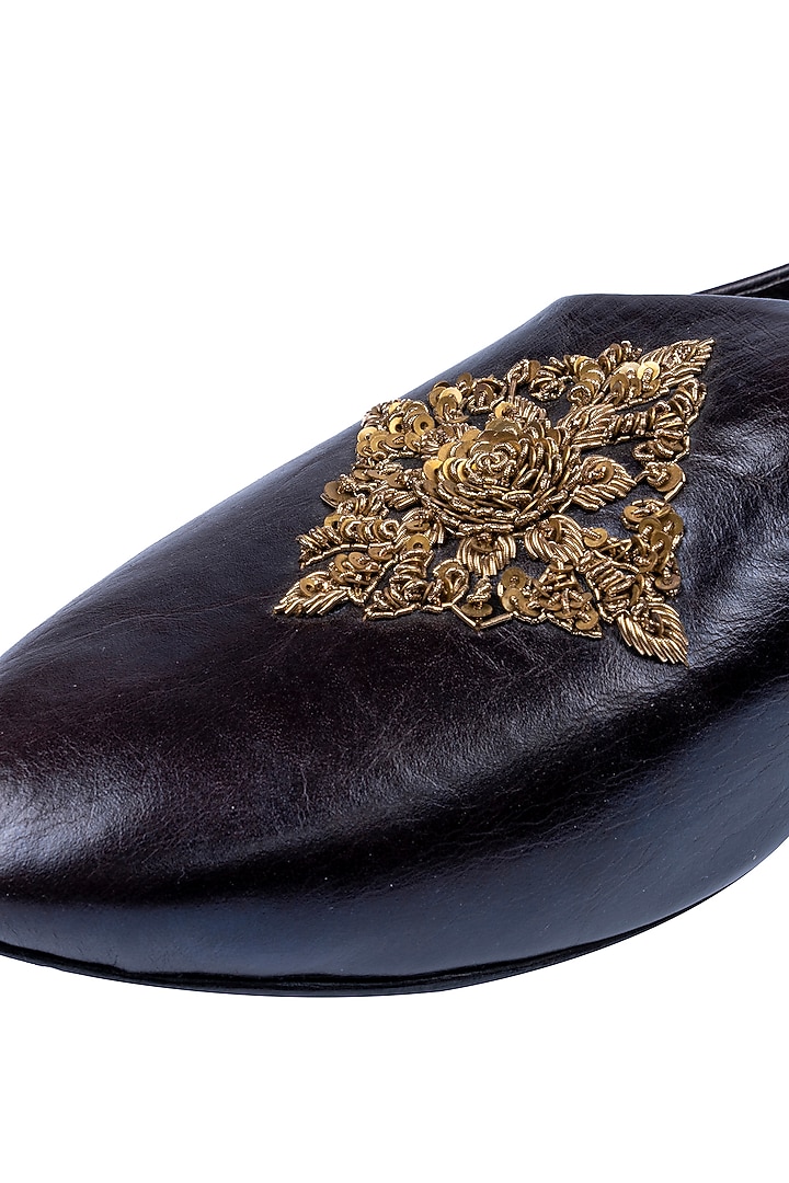 Deep Chocolate Leather Embellished Mojris by ROHAN ARORA at Pernia's Pop Up Shop