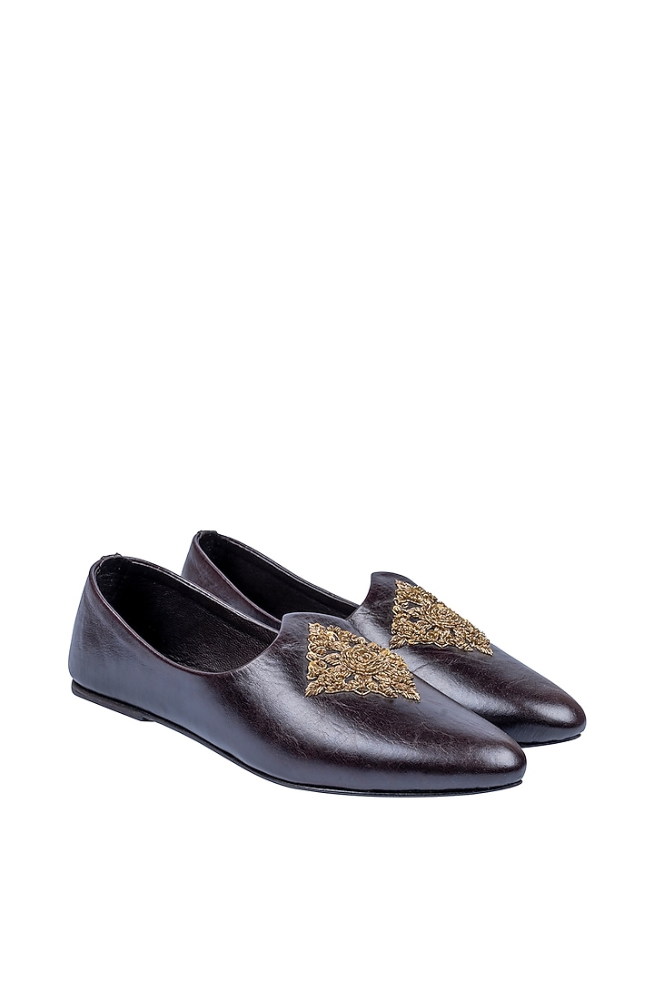Deep Chocolate Leather Embellished Mojris by ROHAN ARORA at Pernia's Pop Up Shop