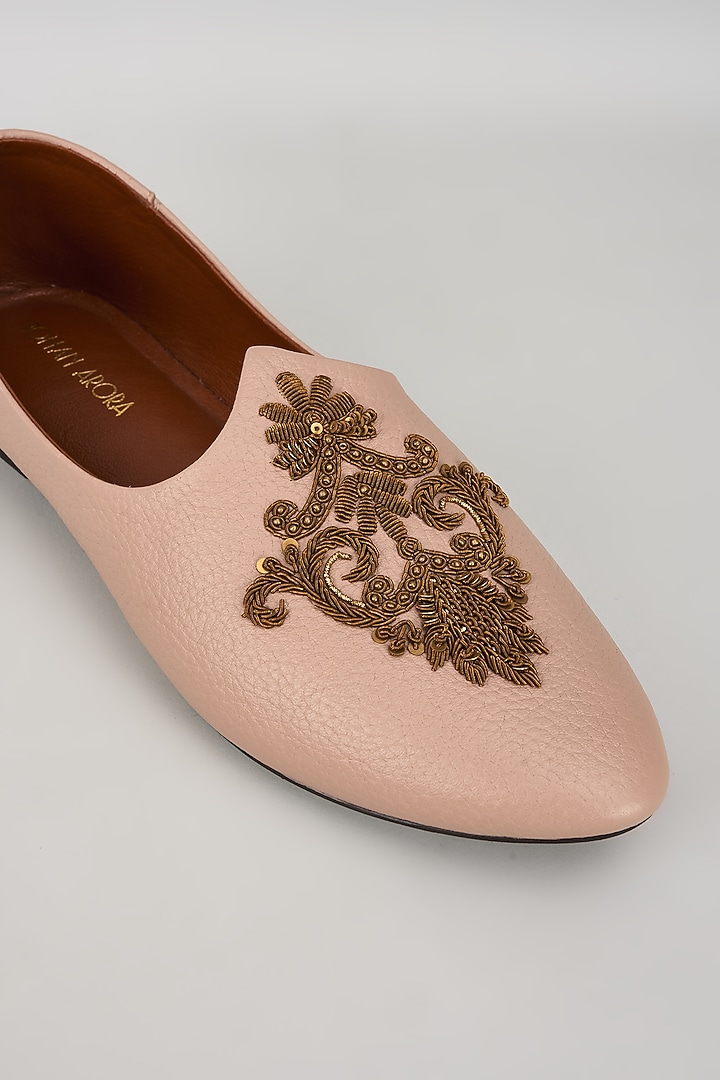 Peach Leather Zardosi Embroidered Mojris by ROHAN ARORA at Pernia's Pop Up Shop