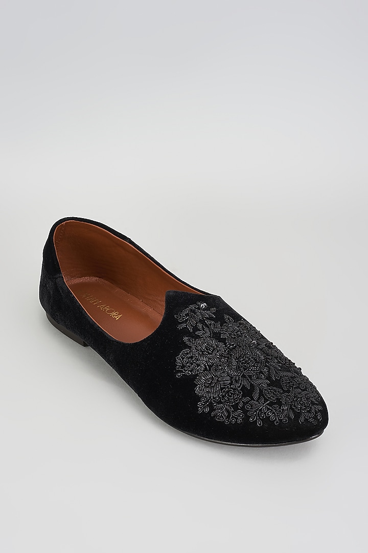 Black Velvet Zardosi Embroidered Mojris by ROHAN ARORA at Pernia's Pop Up Shop