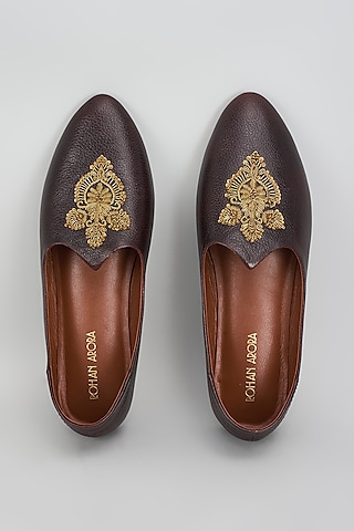 Bombay Brown Leather Zardosi Embroidered Mojris by ROHAN ARORA