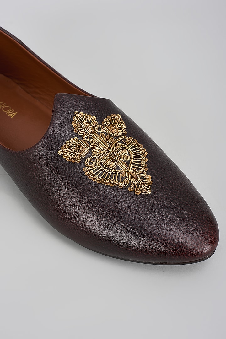 Bombay Brown Leather Zardosi Embroidered Mojris by ROHAN ARORA at Pernia's Pop Up Shop