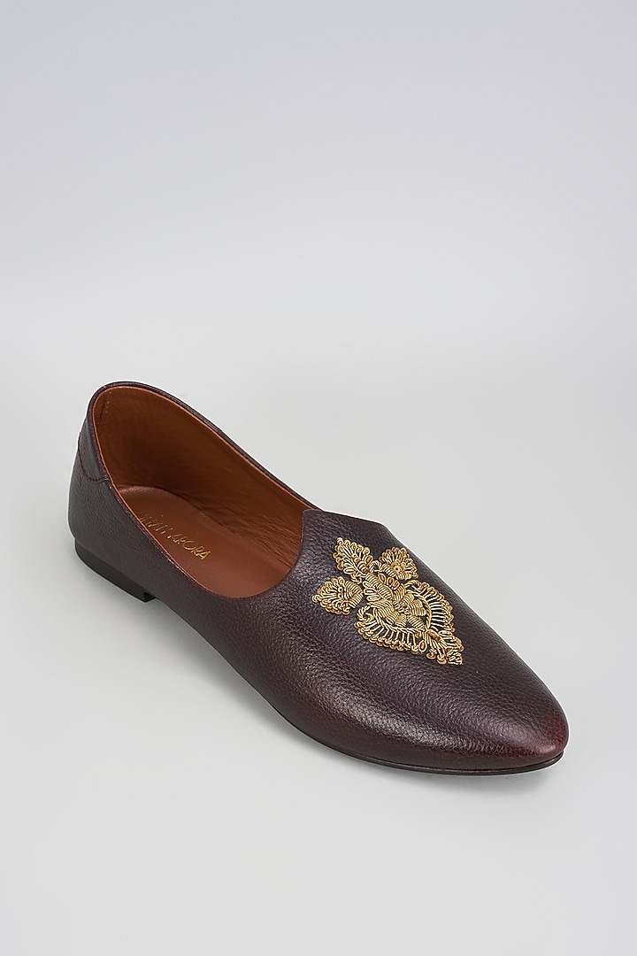 Bombay Brown Leather Zardosi Embroidered Mojris by ROHAN ARORA at Pernia's Pop Up Shop