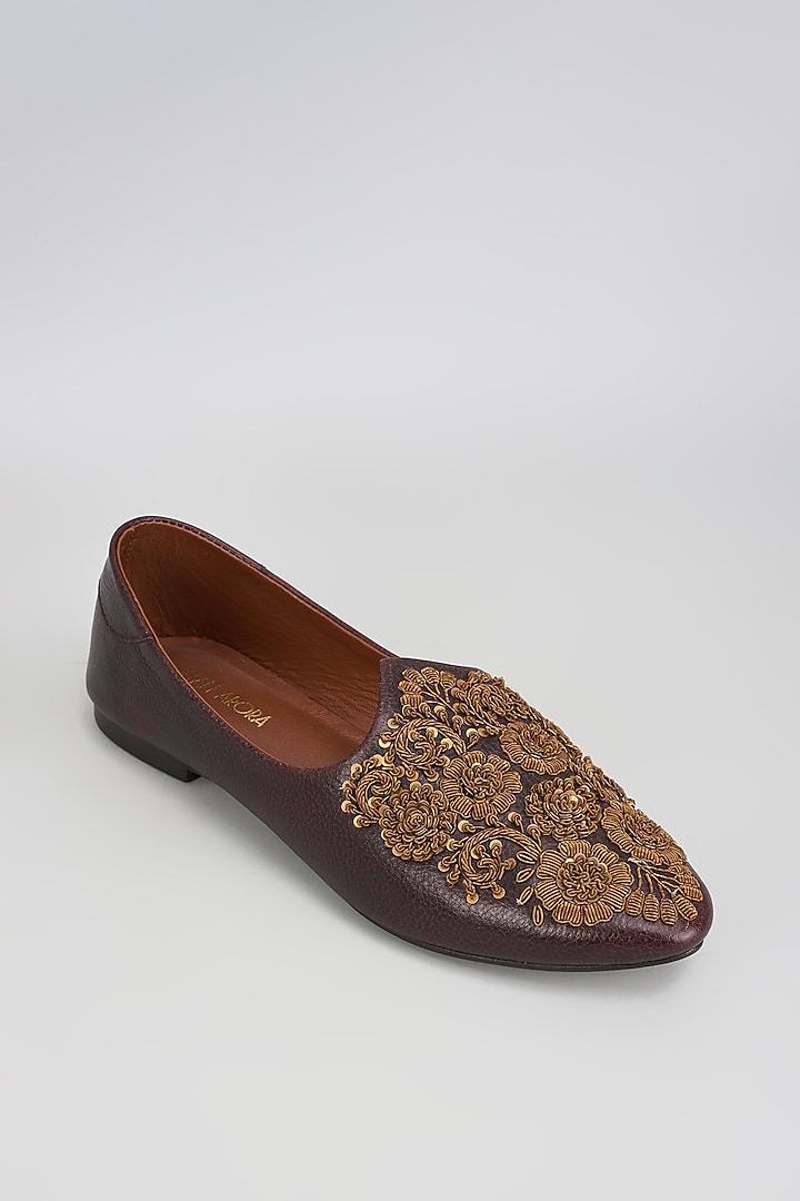 Bombay Brown Leather Zardosi Embroidered Mojris by ROHAN ARORA at Pernia's Pop Up Shop