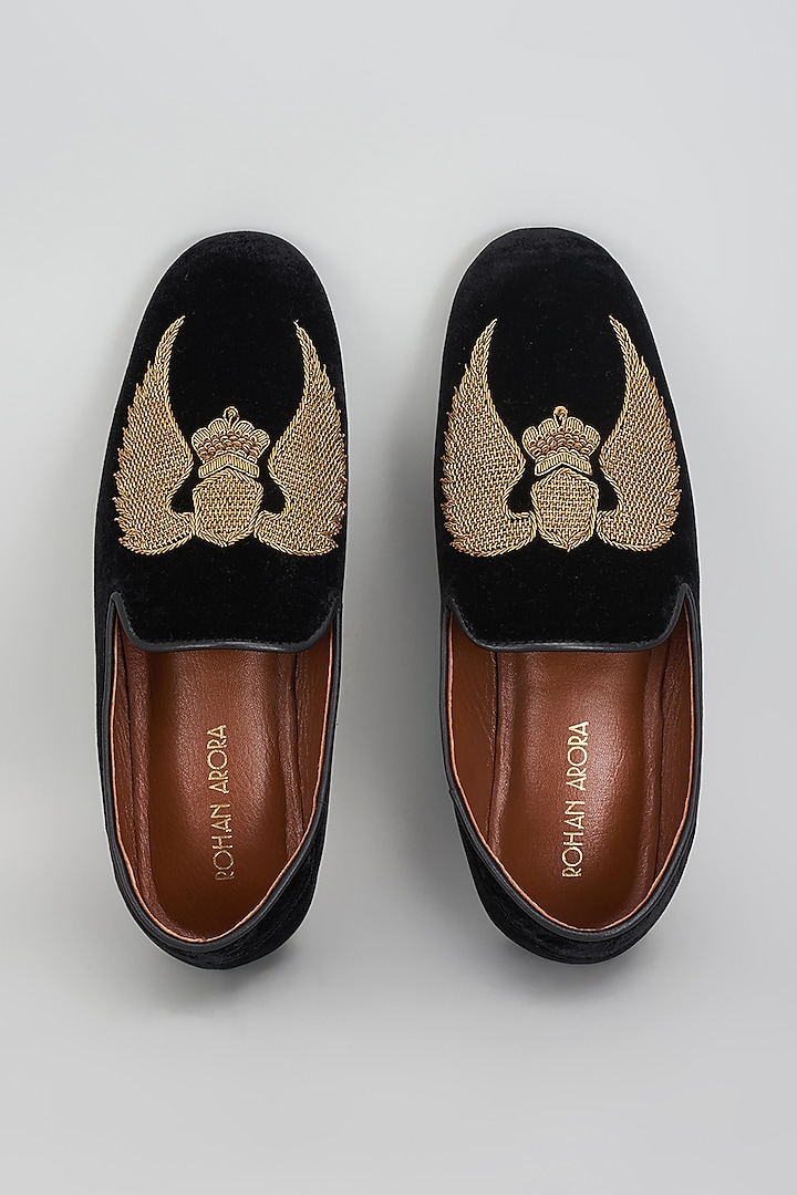 Black Velvet Zardosi Embroidered Shoes by ROHAN ARORA