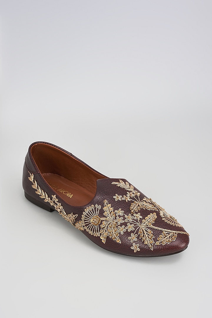 Bombay Brown Leather Zardosi Embroidered Mojris by ROHAN ARORA at Pernia's Pop Up Shop