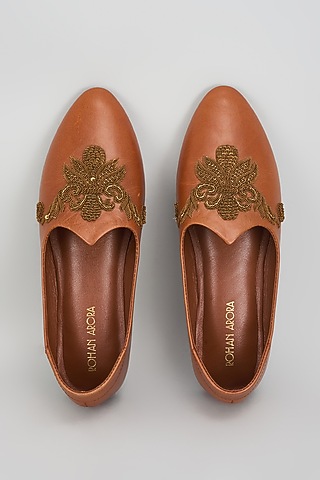 Tan Leather Zardosi Embroidered Mojris by ROHAN ARORA