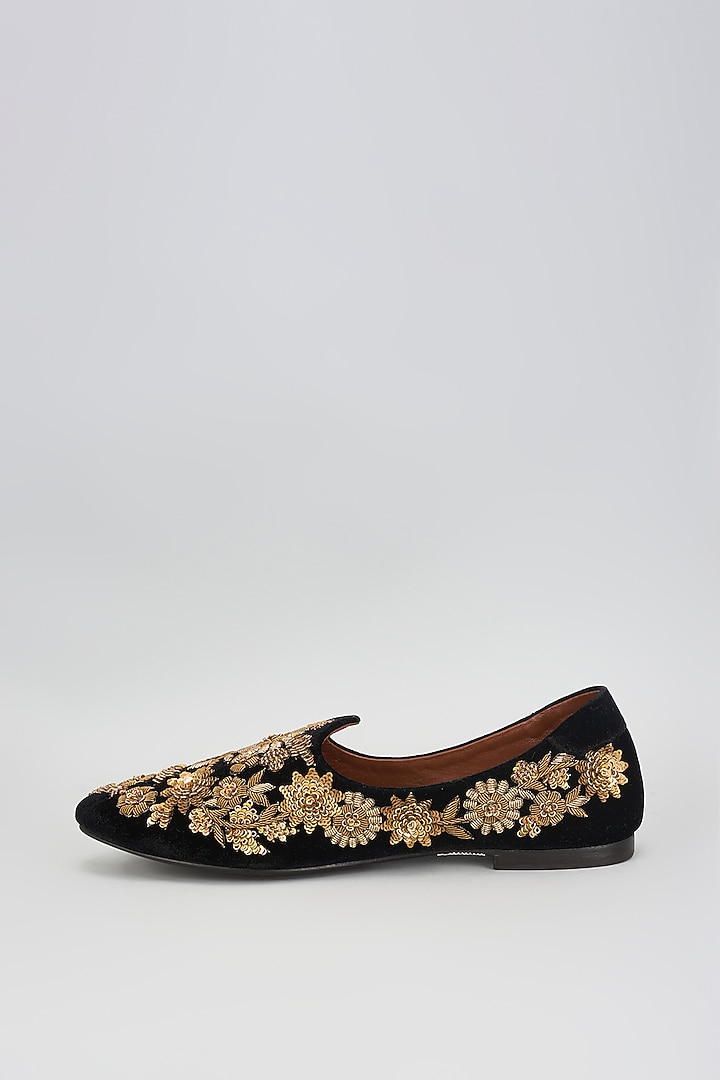 Black Velvet Zardosi & Sequins Embroidered Mojris by ROHAN ARORA at Pernia's Pop Up Shop